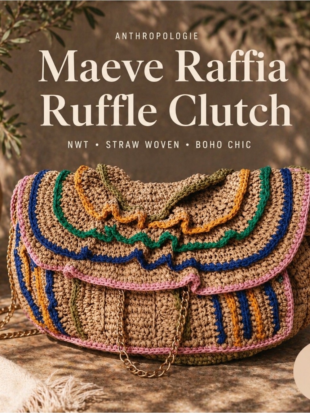 Anthro Maeve Raffia Ruffle Clutch Bag NWT Straw Woven Boho Chic